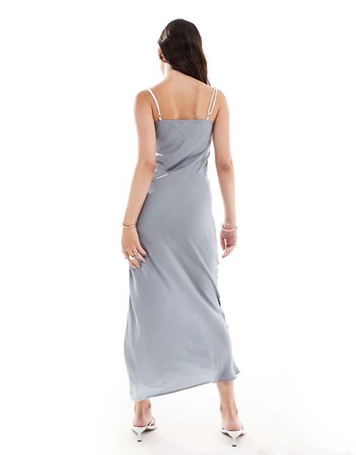 ASOS DESIGN Tie Up Cut Out Strappy Satin Midi Dress In Grey