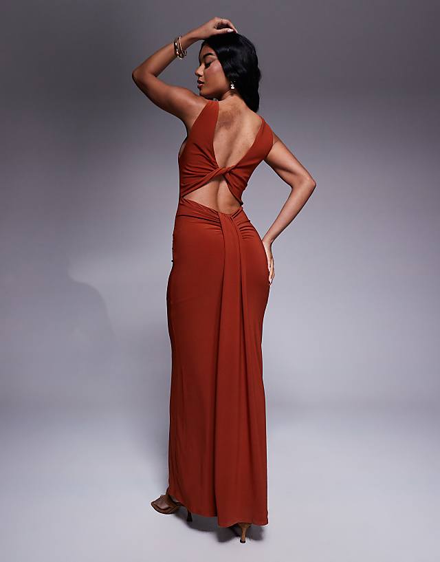 ASOS DESIGN Trimmed Halterneck Maxi Dress With Twisted Back Detail In Rust