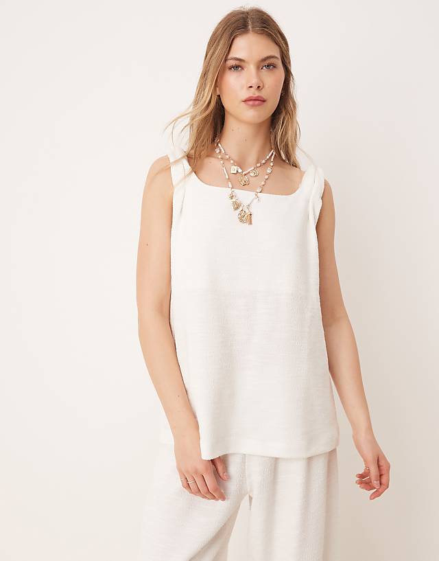 ASOS DESIGN twist strap square neck trapeze top in white boucle