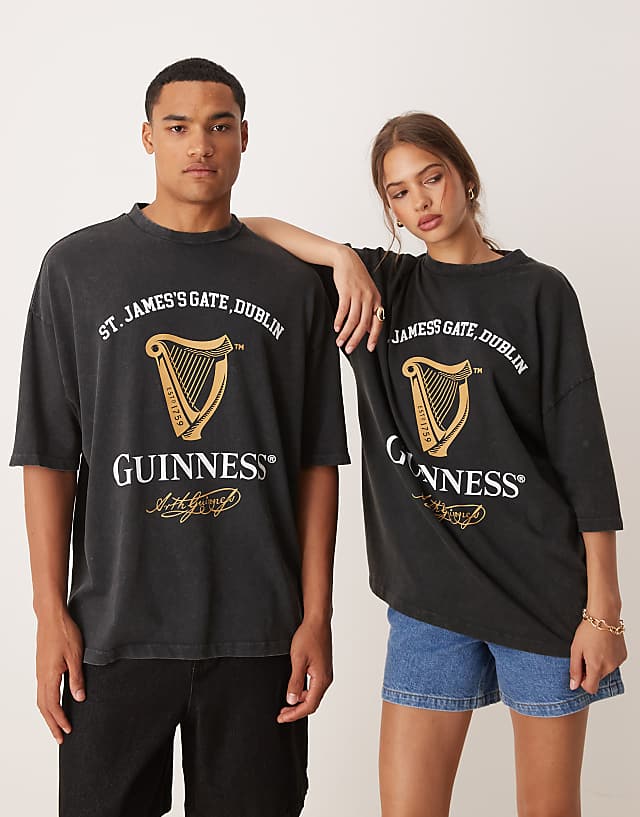 ASOS DESIGN Unisex Oversized T-shirt With Guinness Prints In Washed Black