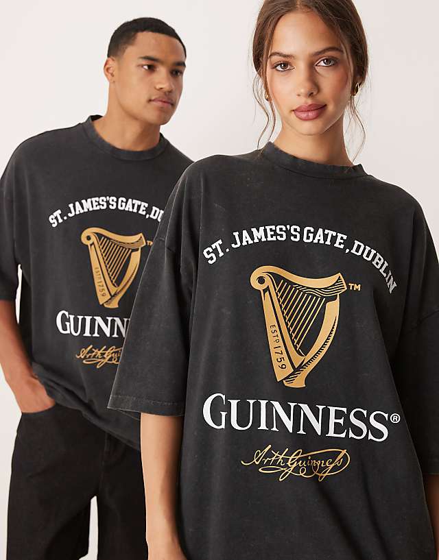 ASOS DESIGN Unisex Oversized T-shirt With Guinness Prints In Washed Black