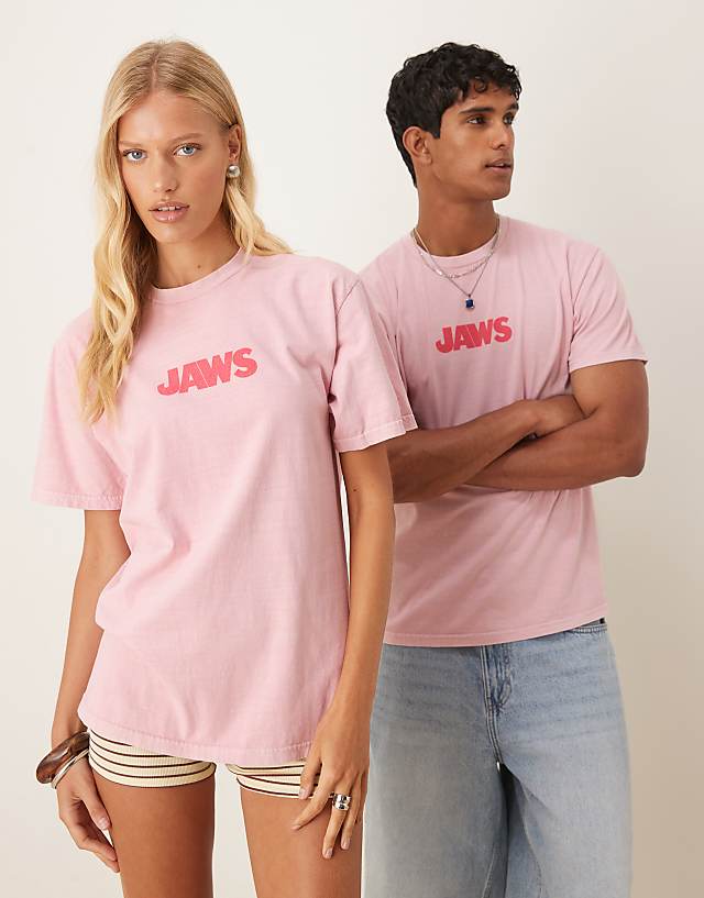ASOS DESIGN unisex oversized t-shirt with Jaws prints in pink