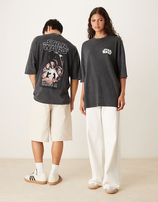 ASOS DESIGN Unisex Oversized T-shirt With Star Wars Episode III Prints In Washed Black