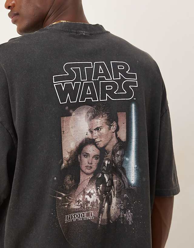 ASOS DESIGN Unisex Oversized T-shirt With Star Wars Episode II Prints In Washed Black