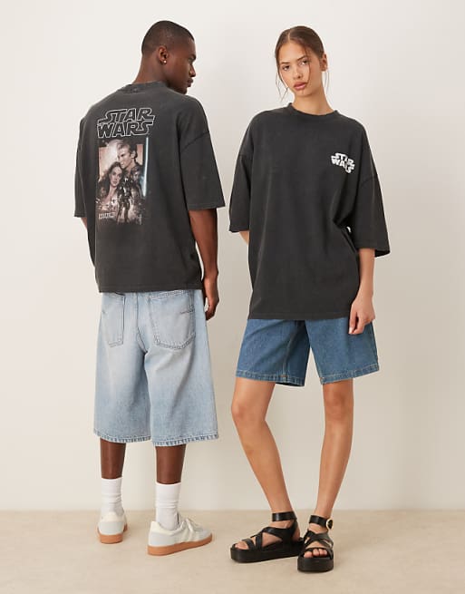 ASOS DESIGN Unisex Oversized T-shirt With Star Wars Episode II Prints In Washed Black