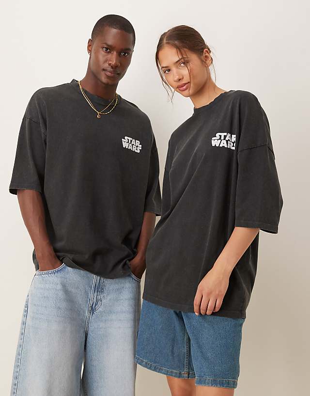 ASOS DESIGN Unisex Oversized T-shirt With Star Wars Episode II Prints In Washed Black