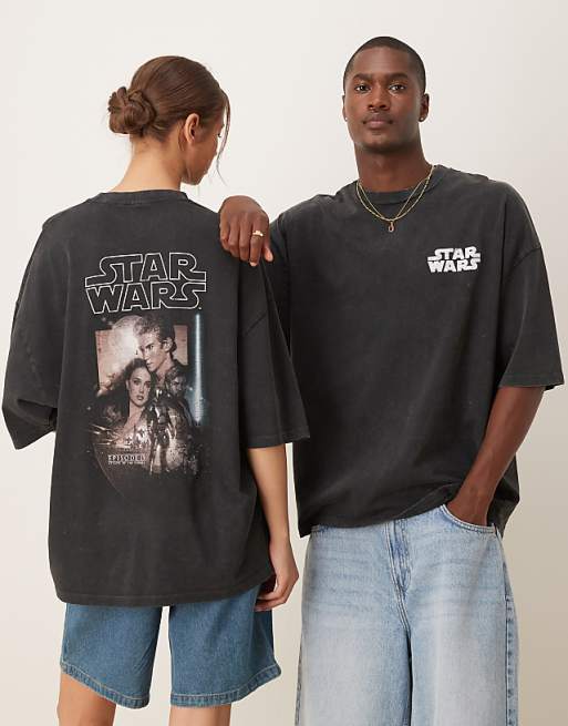 ASOS DESIGN unisex oversized t-shirt with Star Wars Episode II prints in washed black
