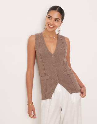 ASOS DESIGN V Neck Seam Detail Waistcoat & Knitted Wide Leg Trouser Co-ord In Mocha