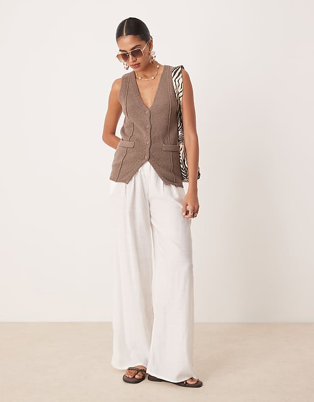 ASOS DESIGN V Neck Seam Detail Waistcoat & Knitted Wide Leg Trouser Co-ord In Mocha