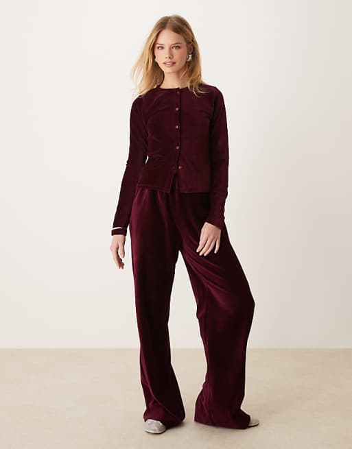 ASOS DESIGN velvet cord cardigan and trousers in burgundy