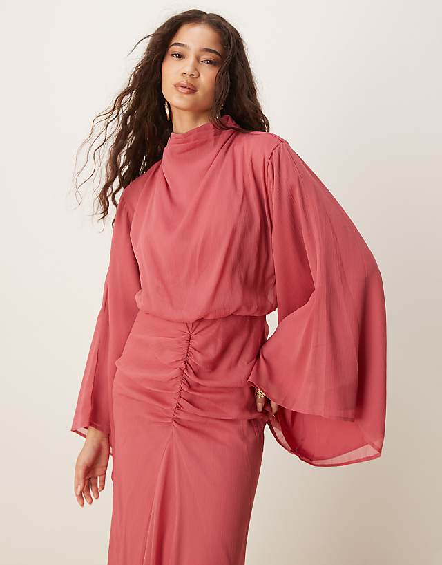 ASOS DESIGN Volume Sleeve Maxi Dress With Ruched Skirt In Deep Rose
