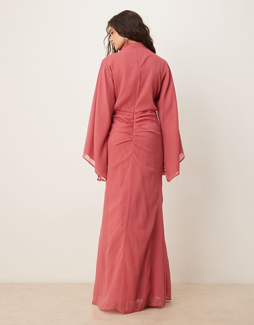 ASOS DESIGN Volume Sleeve Maxi Dress With Ruched Skirt In Deep Rose