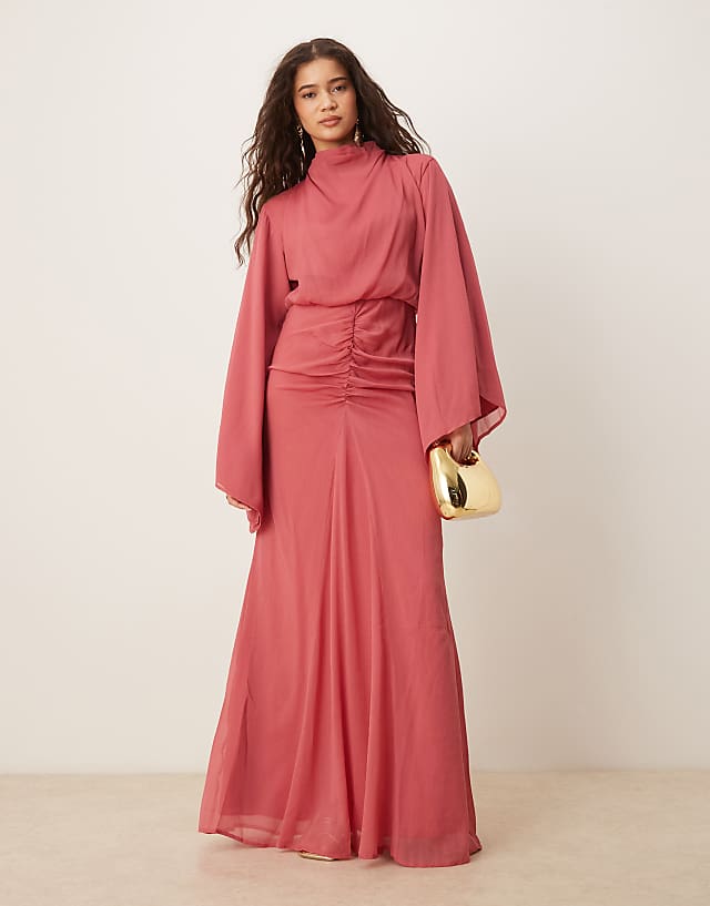 ASOS DESIGN volume sleeve maxi dress with ruched skirt in deep rose
