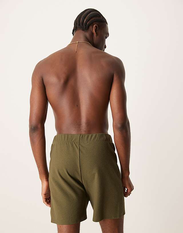 ASOS DESIGN Waffle Lounge Shorts With Woven Patch In Khaki