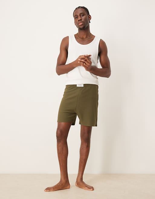 ASOS DESIGN Waffle Lounge Shorts With Woven Patch In Khaki
