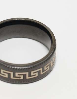 ASOS DESIGN Waterproof Stainless Steel Band Ring With Greek Wave In Black Tone
