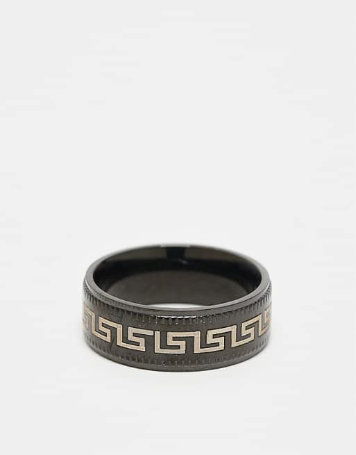 ASOS DESIGN waterproof stainless steel band ring with Greek wave in black tone