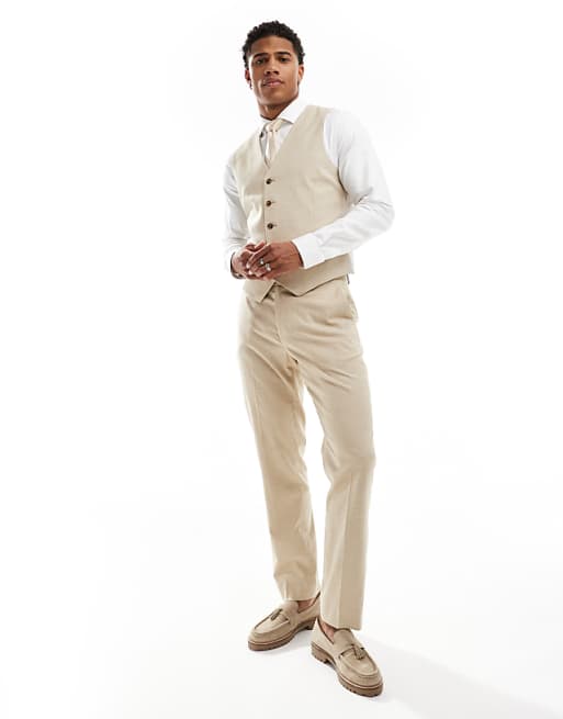 ASOS DESIGN Wedding Slim Suit Trousers With Linen In Stone