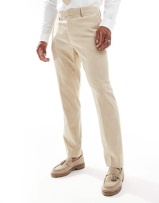 ASOS DESIGN wedding slim suit trousers with linen in stone