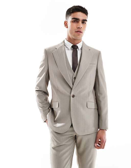 ASOS DESIGN Wedding Wool Mix Slim Suit In Brown Herringbone