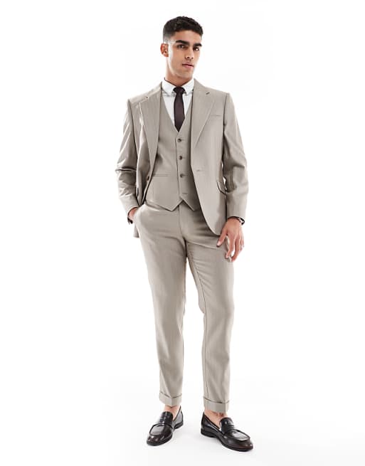 ASOS DESIGN Wedding Wool Mix Slim Suit In Brown Herringbone