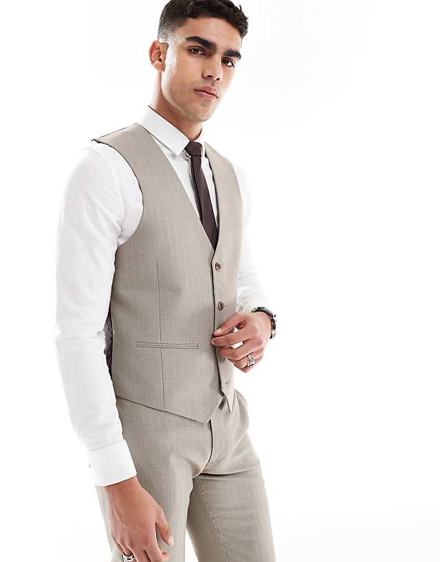ASOS DESIGN Wedding Wool Mix Slim Suit In Brown Herringbone