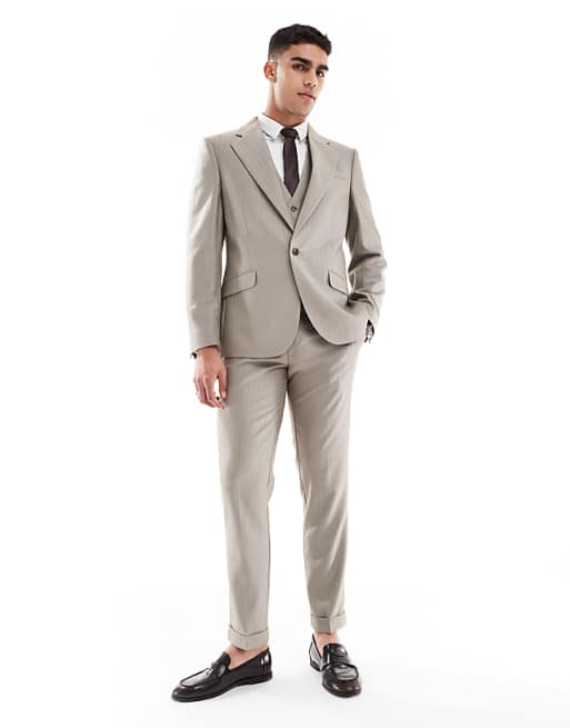 ASOS DESIGN wedding wool mix slim suit in brown herringbone