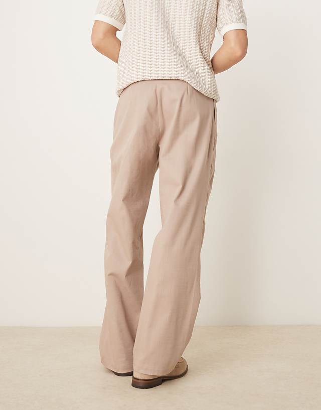 ASOS DESIGN Wide Darted Linen Trousers In Beige