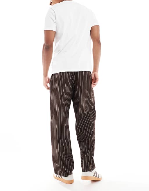 ASOS DESIGN Wide Leg Pinstripe Trouserrs With Pleat In Brown