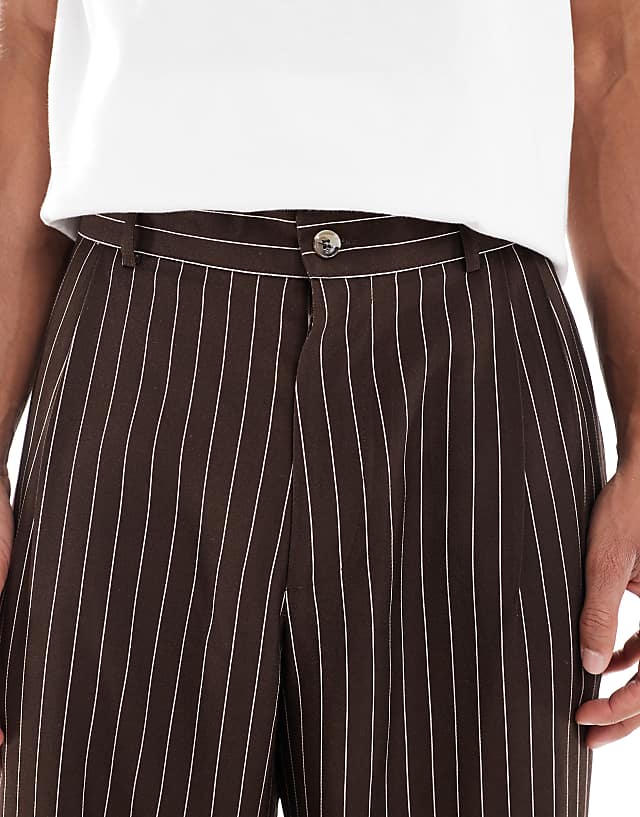 ASOS DESIGN Wide Leg Pinstripe Trouserrs With Pleat In Brown