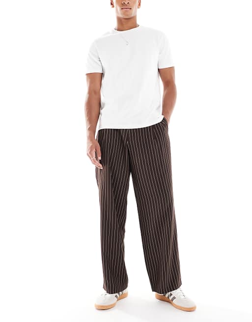 ASOS DESIGN wide leg pinstripe trouserrs with pleat in brown