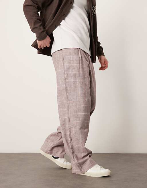 ASOS DESIGN Wide Leg Smart Trousers With Textured Check In Faded Burgundy