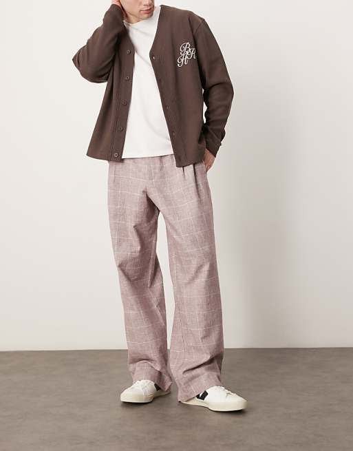 ASOS DESIGN wide leg smart trousers with textured check in faded burgundy