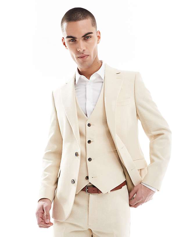 ASOS DESIGN Wool Blend Skinny Suit In Stone Weave