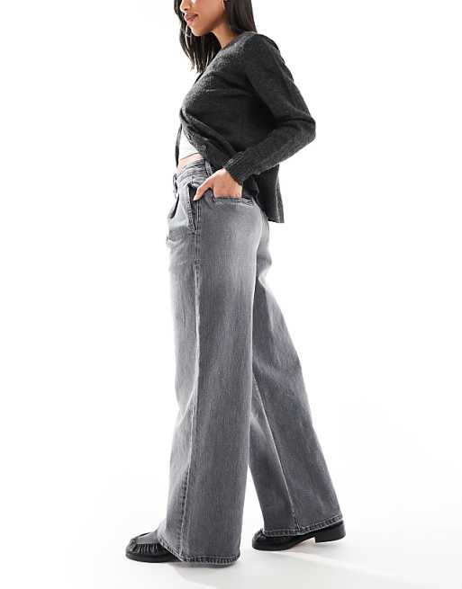 DTT Jordan Pleated Wide Leg Jeans In Mid Grey