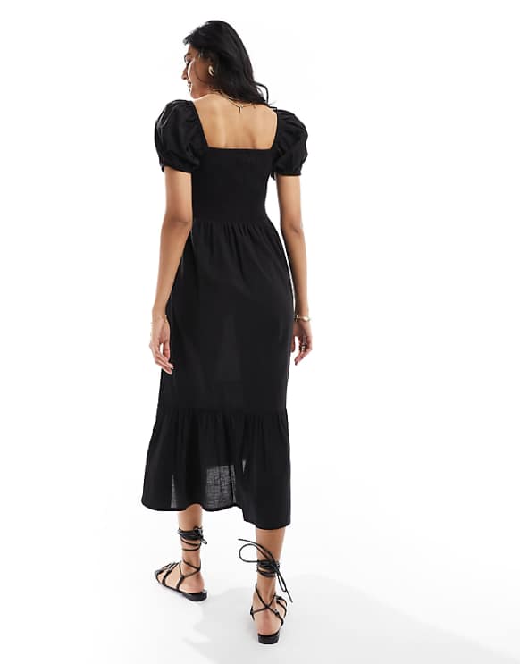 Esmee Puff Sleeve Midi Beach Dress In Black