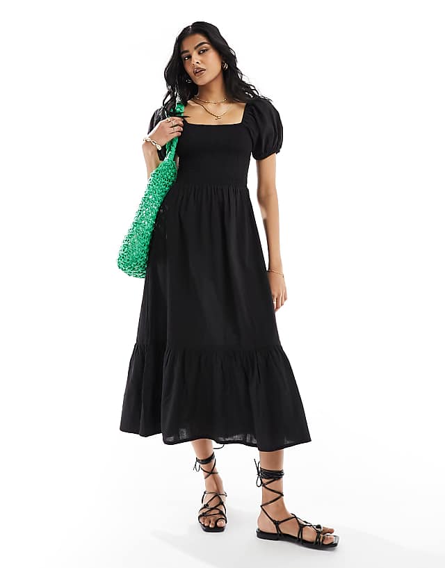 Esmee Puff Sleeve Midi Beach Dress In Black