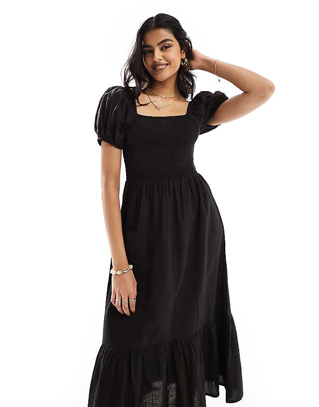 Esmee Puff Sleeve Midi Beach Dress In Black