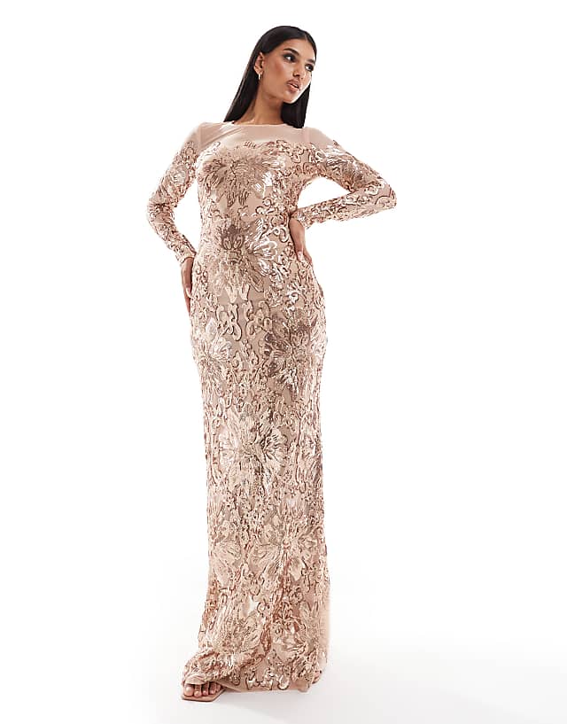 Goddiva Floral sequin mesh maxi in champagne