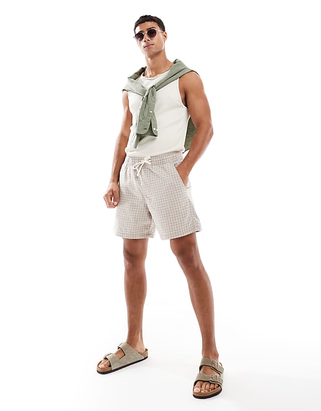 Hollister linen pull on check short in brown