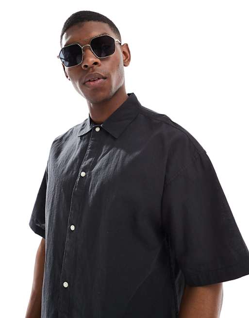 Jack & Jones Oversized Linen Mix Shirt In Black