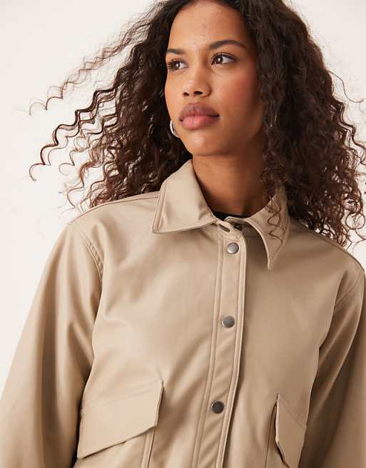 JDY Faux Leather Jacket With Collar In Beige