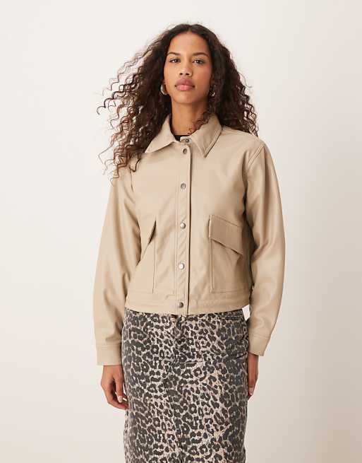 JDY faux leather jacket with collar in beige