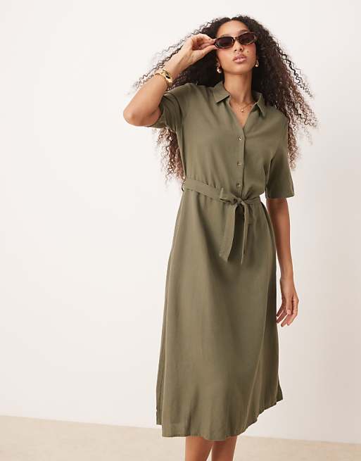 JDY Linen Mix Midi Shirt Dress In Khaki