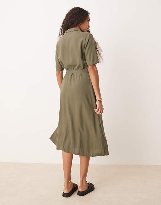 JDY Linen Mix Midi Shirt Dress In Khaki
