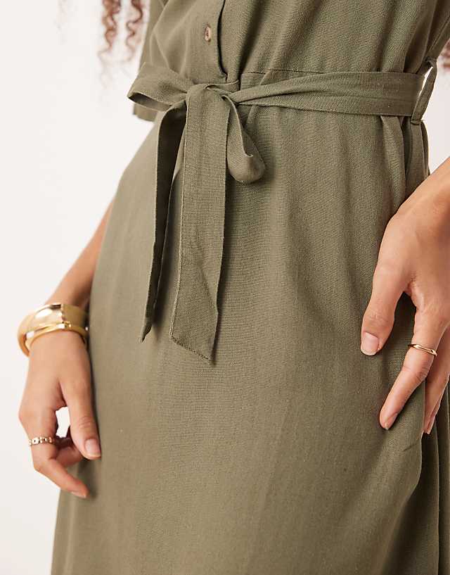 JDY Linen Mix Midi Shirt Dress In Khaki