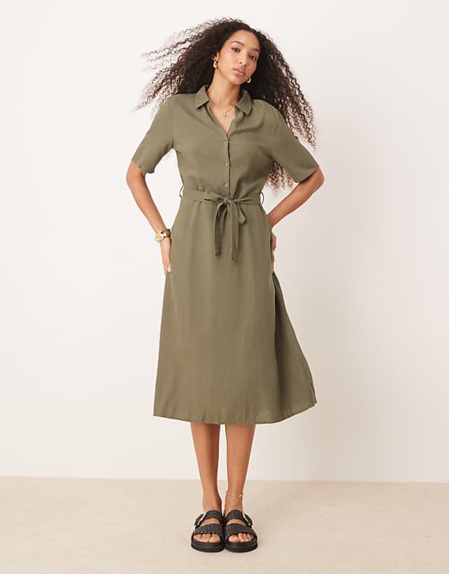 JDY linen mix midi shirt dress in khaki