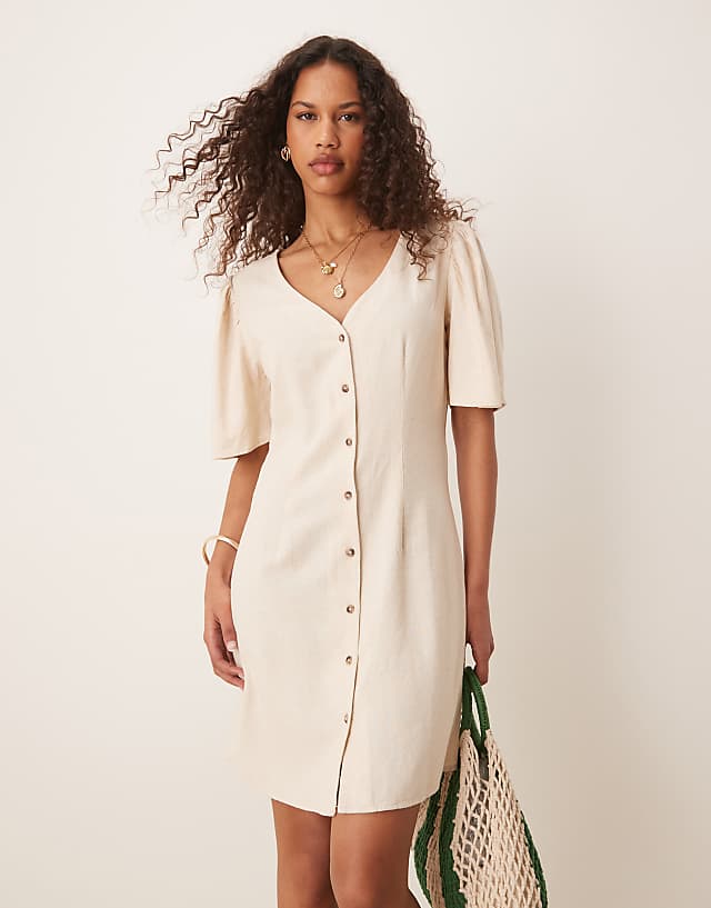 JDY linen mix mini shirt dress in beige