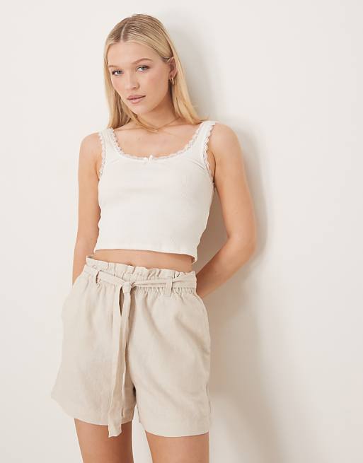 JDY Linen Mix Tie Waist Shorts In Cream