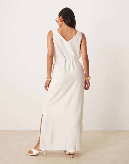 JDY Petite Linen Mix Tie Maxi Dress In White